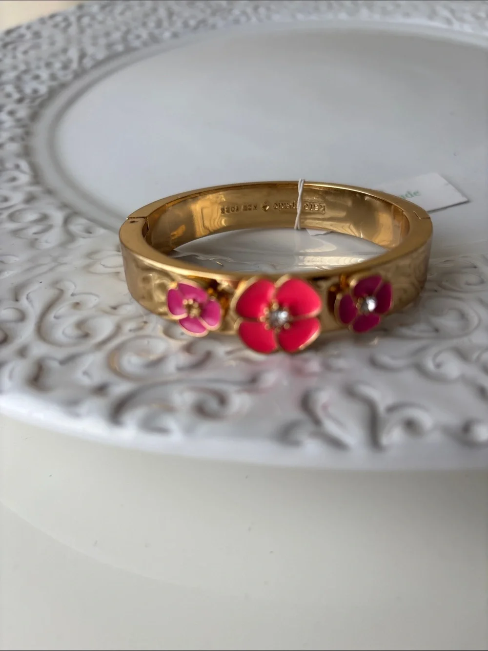Kate Spade NWOT Gold Floral Pink Enamel Bangle Bracelet